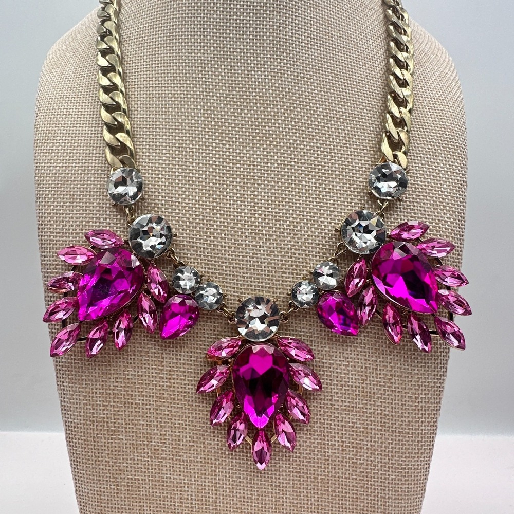 Vintage 90s Gold Tone Pink Glass Chunky Boho Statement Necklace